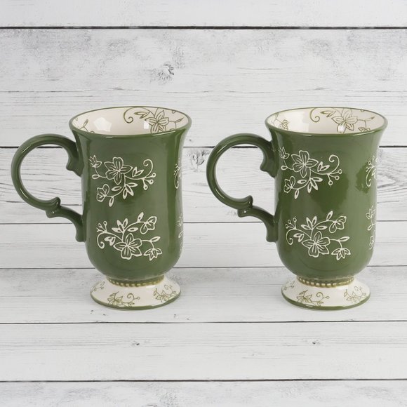 Floral Lace Green Tall Pedestal Mugs by Temp-Tations - Set of Two - Picture 3 of 11